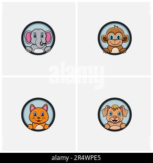 Funny Animals Head Character Design Set. Elephant, Monkey, Cat and Dog. For Logo, Label, Icon, Inspiration and Template Design. Vector and Illustratio Stock Vector