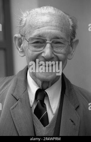 Portrait of French tennis player Jean Borotra in the stands of Roland-Garros in June 1988. Stock Photo