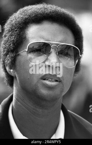 Portrait of American tennis player Arthur Ashe, circa 1984. Stock Photo