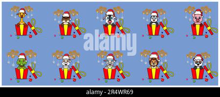 Funny Animals  On Gift with Santa Claus Hat Set. For Background, Template, Icon, Banner and Inspiration Design. Vector And Illustration. Stock Vector