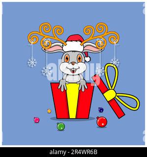 Cute Rabbit On Gift with Santa Claus Hat. For Background, Template, Icon, Banner, Invitation, Greeting Card, Inspiration design and Flyer. Vector And Stock Vector
