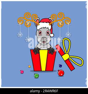 Cute Donkey On Gift with Santa Claus Hat. For Background, Template, Icon, Banner, Invitation, Greeting Card, Inspiration design and Flyer. Vector And Stock Vector
