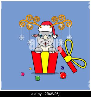 Cute Rhino On Gift with Santa Claus Hat. For Background, Template, Icon, Banner, Invitation, Greeting Card, Inspiration design and Flyer. Vector And I Stock Vector