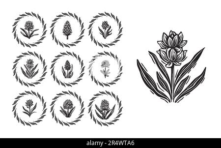 Linotype floral icon collection in whimsical vector art. Decorative foliate design for rustic botany set.  Stock Vector