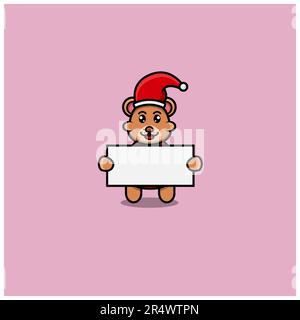 Cute Baby Bear Wearing Santa Costume And Bring Blank Space Banner. Character, Logo, Icon, Cartoon And Inspiration Design. Vector And Illustration. Stock Vector