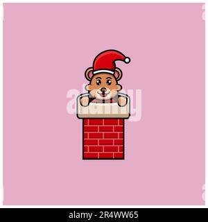 Cute Baby Bear With Santa Costume On house chimney . Character, Logo, Icon, Cartoon And Inspiration Design. Vector And Illustration. Stock Vector