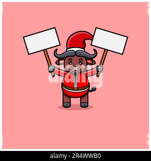 Cute Buffalo With Christmas Costume And Bring Two Banners. Vector and Illustration Stock Vector