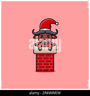 Cute Buffalo With Christmas Costume and On House Chimney. Vector and Illustration Stock Vector