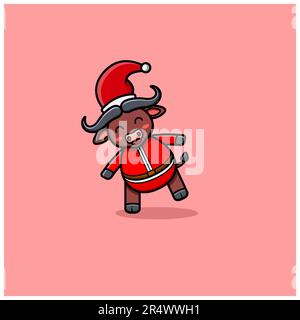 Happy Cute Buffalo With Christmas Costume. Vector and Illustration Stock Vector