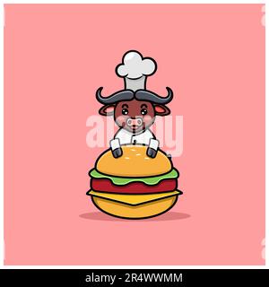 Cute Buffalo With Chef Costume And hamburger. Vector and Illustration Stock Vector