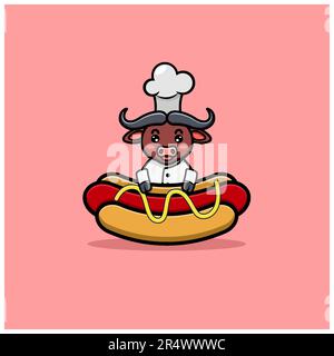 Cute Buffalo With Chef Costume and Hot Dog. Vector and Illustration Stock Vector