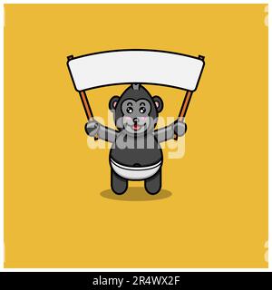 Cute Baby King Kong With Big Blank Banner. Character, Mascot, Icon, Logo, Cartoon and Cute Design. Vector and Illustration. Stock Vector