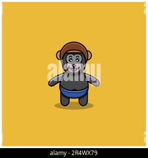 Cute Baby King Kong Wearing Helmet. Character, Mascot, Icon, Logo, Cartoon and Cute Design. Vector and Illustration. Stock Vector