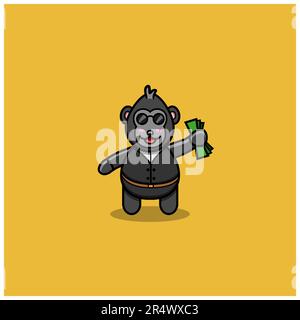 Cute Baby King Kong With Boss Costume and Money. Character, Mascot, Icon, Logo, Cartoon and Cute Design. Vector and Illustration. Stock Vector
