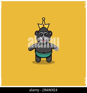 Cute Baby King Kong With Crown. Character, Mascot, Icon, Logo, Cartoon and Cute Design. Vector and Illustration. Stock Vector