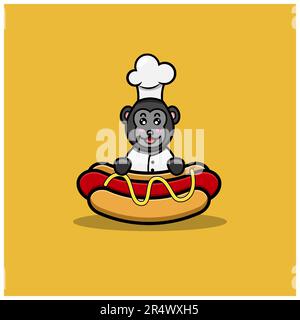 Cute Baby King Kong Chef On Hot Dog. Character, Mascot, Icon, Logo, Cartoon and Cute Design. Vector and Illustration. Stock Vector