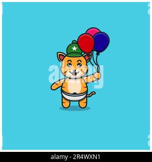 Cute Baby Tiger Bring Balloons. Character, Mascot, Icon, and Cute Design. Vector and Illustration. Stock Vector