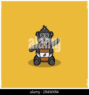 Cute Baby King Kong With Coffee Cup. Character, Mascot, Icon, Logo, Cartoon and Cute Design. Vector and Illustration. Stock Vector