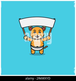 Cute Baby Tiger Bring Big Blank Banner. Character, Mascot, Icon, and Cute Design. Vector and Illustration. Stock Vector