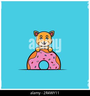 Cute Baby Tiger On Donuts. Character, Mascot, Icon, and Cute Design. Vector and Illustration. Stock Vector