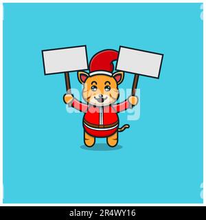 Cute Baby Tiger Christmas With Two Blank White Banner. Character, Mascot, Icon, and Cute Design. Vector and Illustration. Stock Vector