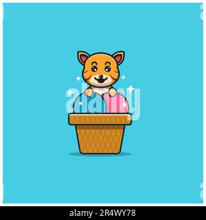 Cute Baby Tiger On Ice Cream. Character, Mascot, Icon, and Cute Design. Vector and Illustration. Stock Vector