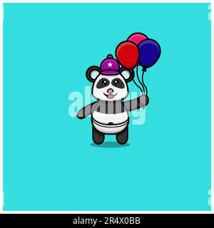 Cute Baby Panda Wearing Hat and Bring Ballons. Character, Logo, Icon And Inspiration Design. Vector And Illustration. Stock Vector
