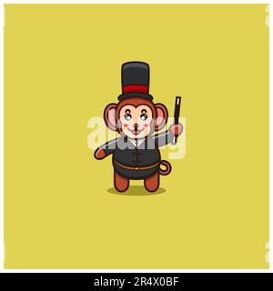 Cute Baby Monkey Magician. Character, Mascot, Logo, Cartoon, Icon, and Cute Design. Vector and Illustration. Stock Vector