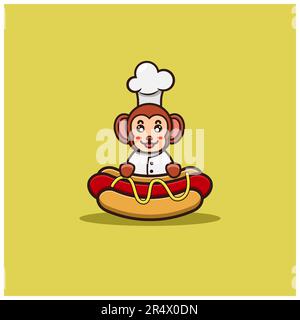 Cute Baby Monkey Chef On Hot Dog. Character, Mascot, Logo, Cartoon, Icon, and Cute Design. Vector and Illustration. Stock Vector