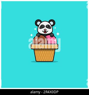 Cute Baby Panda On Ice Cream. Character, Logo, Icon And Inspiration Design. Vector And Illustration. Stock Vector