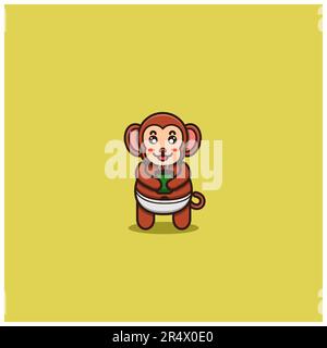 Cute Baby Monkey Tea. Character, Mascot, Logo, Cartoon, Icon, and Cute Design. Vector and Illustration. Stock Vector