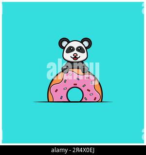 Cute Baby Panda On Big Donut. Character, Logo, Icon And Inspiration Design. Vector And Illustration. Stock Vector