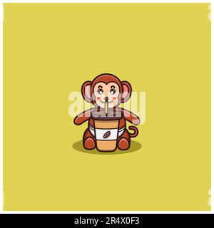 Cute Baby Monkey Coffee. Character, Mascot, Logo, Cartoon, Icon, and Cute Design. Vector and Illustration. Stock Vector