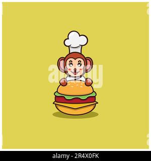 Cute Baby Monkey Chef On Hamburger. Character, Mascot, Logo, Cartoon, Icon, and Cute Design. Vector and Illustration. Stock Vector