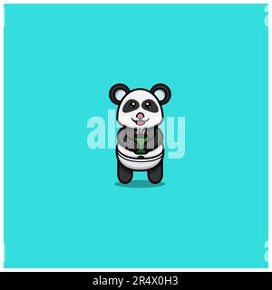 Cute Baby Panda Bring Tea On Glass. Character, Logo, Icon And Inspiration Design. Vector And Illustration. Stock Vector