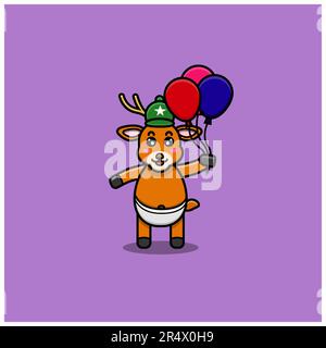 Cute Baby Deer Character Bring Balloons. Character, Mascot, Icon, and Cute Design. Vector and Illustration. Stock Vector