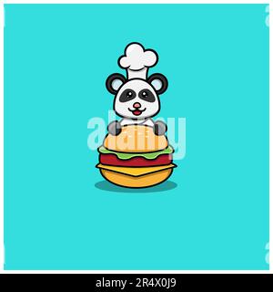 Cute Baby Chef Panda On Burger. Character, Logo, Icon And Inspiration Design. Vector And Illustration. Stock Vector