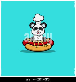 Cute Baby Chef Panda On Hot Dog. Character, Logo, Icon And Inspiration Design. Vector And Illustration. Stock Vector