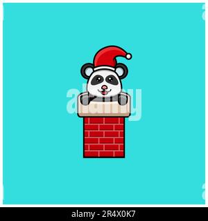 Cute Baby Panda on chimney house and Wearing Santa Hat. Character, Logo, Icon And Inspiration Design. Vector And Illustration. Stock Vector