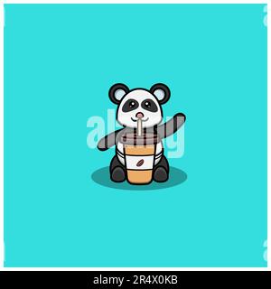 Cute Baby Panda Drink Coffee. Character, Logo, Icon And Inspiration Design. Vector And Illustration. Stock Vector