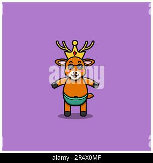 Cute Baby Deer Character Woth Crown and Glasses. Character, Mascot, Icon, and Cute Design. Vector and Illustration. Stock Vector