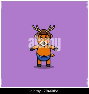 Cute Baby Deer Character Wearing Helmet. Character, Mascot, Icon, and Cute Design. Vector and Illustration. Stock Vector