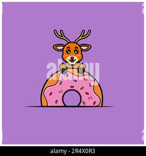 Cute Baby Deer Character On Donut. Character, Mascot, Icon, and Cute Design. Vector and Illustration. Stock Vector