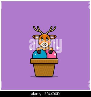 Cute Baby Deer Character On Ice Cream. Character, Mascot, Icon, and Cute Design. Vector and Illustration. Stock Vector