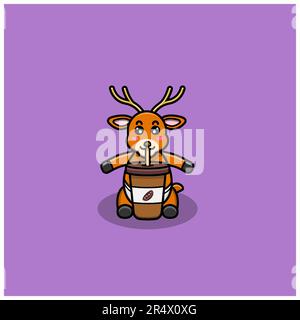 Cute Baby Deer Character With Coffee Cup. Character, Mascot, Icon, and Cute Design. Vector and Illustration. Stock Vector