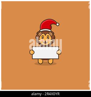 Cute Baby Lion Christmas Bring Blank Paper. Character, Mascot, Icon, Logo, Cartoon and Cute Design. Vector and Illustration. Stock Vector