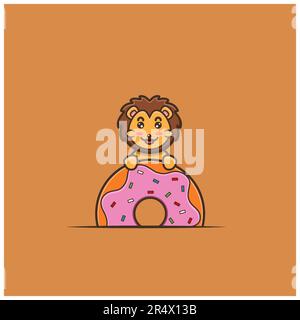 Cute Baby Lion Donuts. Character, Mascot, Icon, Logo, Cartoon and Cute Design. Vector and Illustration. Stock Vector