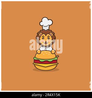 Cute Baby Lion Chef On Burger. Character, Mascot, Icon, Logo, Cartoon and Cute Design. Vector and Illustration. Stock Vector