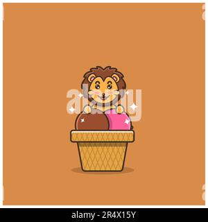 Cute Baby Lion Ice Cream. Character, Mascot, Icon, Logo, Cartoon and Cute Design. Vector and Illustration. Stock Vector
