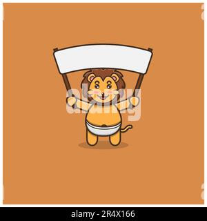 Cute Baby Lion Bring Blank Banner. Character, Mascot, Icon, Logo, Cartoon and Cute Design. Vector and Illustration. Stock Vector